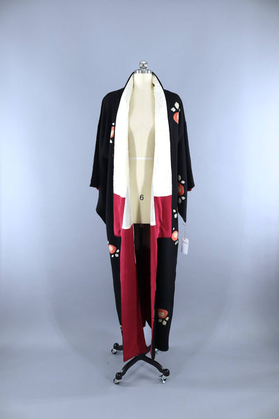 Vintage 1940s Silk Kimono Robe / Black & Coral Shibori Floral - ThisBlueBird