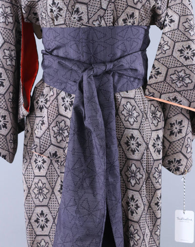 Vintage 1940s Silk Kimono Robe / Black Tan Blue Ikat - ThisBlueBird