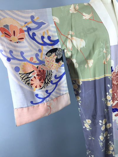 Vintage 1940s Silk Kimono Robe / Blue Green Floral Butterflies - ThisBlueBird