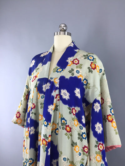 Vintage 1940s Silk Kimono Robe / Blue Green Floral Print - ThisBlueBird