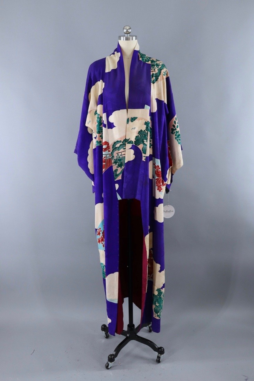 Vintage 1940s Silk Kimono Robe / Blue Purple Fans & Floral Print - ThisBlueBird