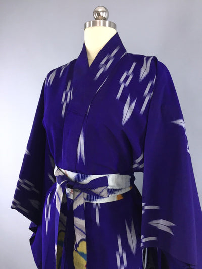 Vintage 1940s Silk Kimono Robe / Blue Purple Ikat Silk Gauze - ThisBlueBird