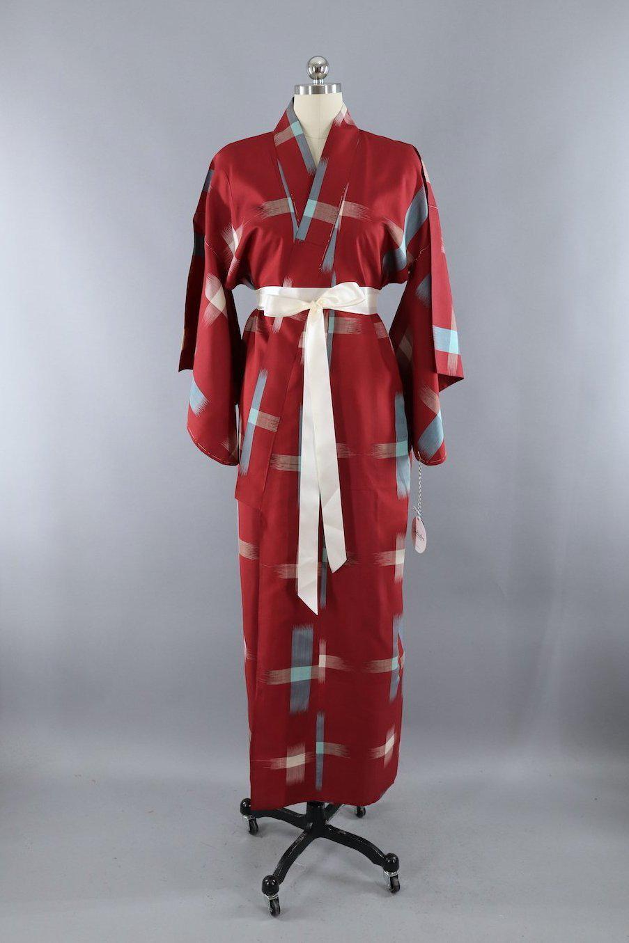 Vintage 1940s Silk Kimono Robe / Brick Red and Turquoise Ikat - ThisBlueBird