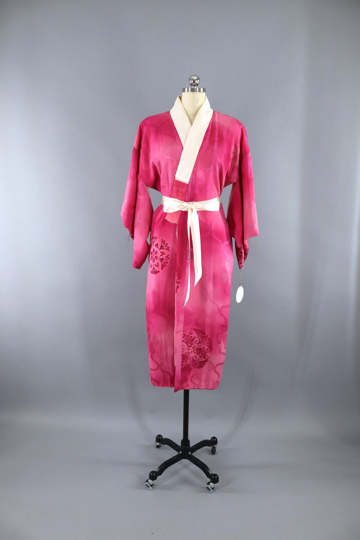 Vintage 1940s Silk Kimono Robe / Bright Pink Ombre - ThisBlueBird
