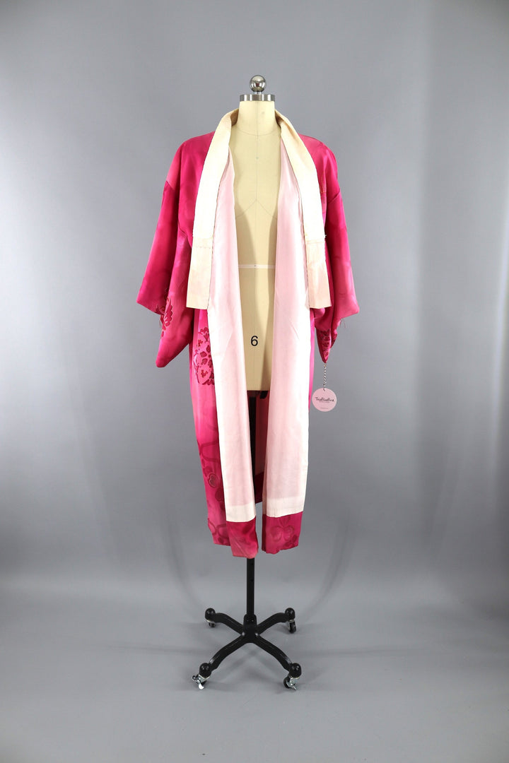 Vintage 1940s Silk Kimono Robe / Bright Pink Ombre - ThisBlueBird