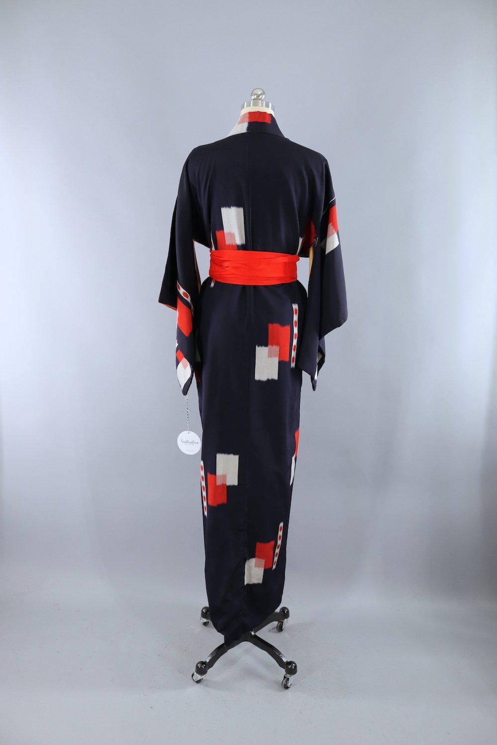 Vintage 1940s Silk Kimono Robe / Dark Navy and Red - ThisBlueBird