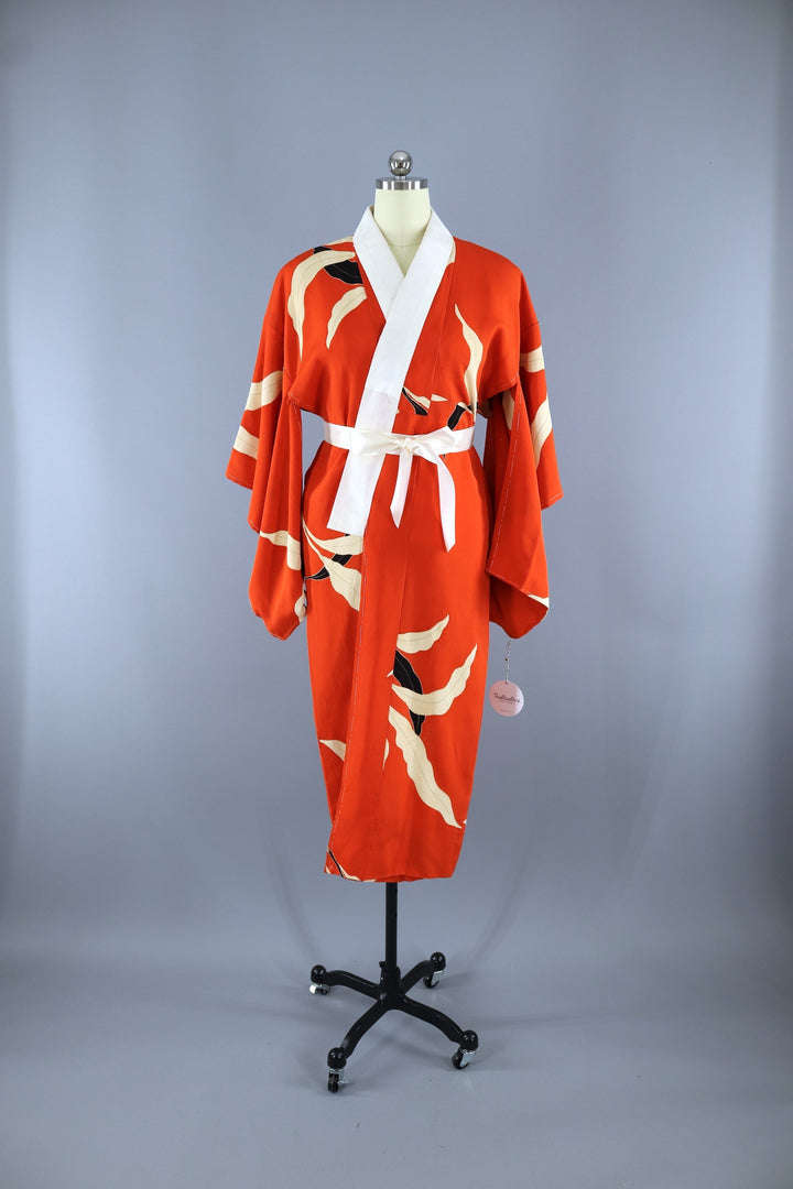 Vintage 1940s Silk Kimono Robe / Dark Orange Art Deco Leaves - ThisBlueBird