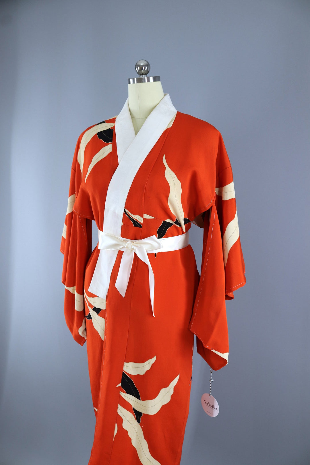 Vintage 1940s Silk Kimono Robe / Dark Orange Art Deco Leaves - ThisBlueBird