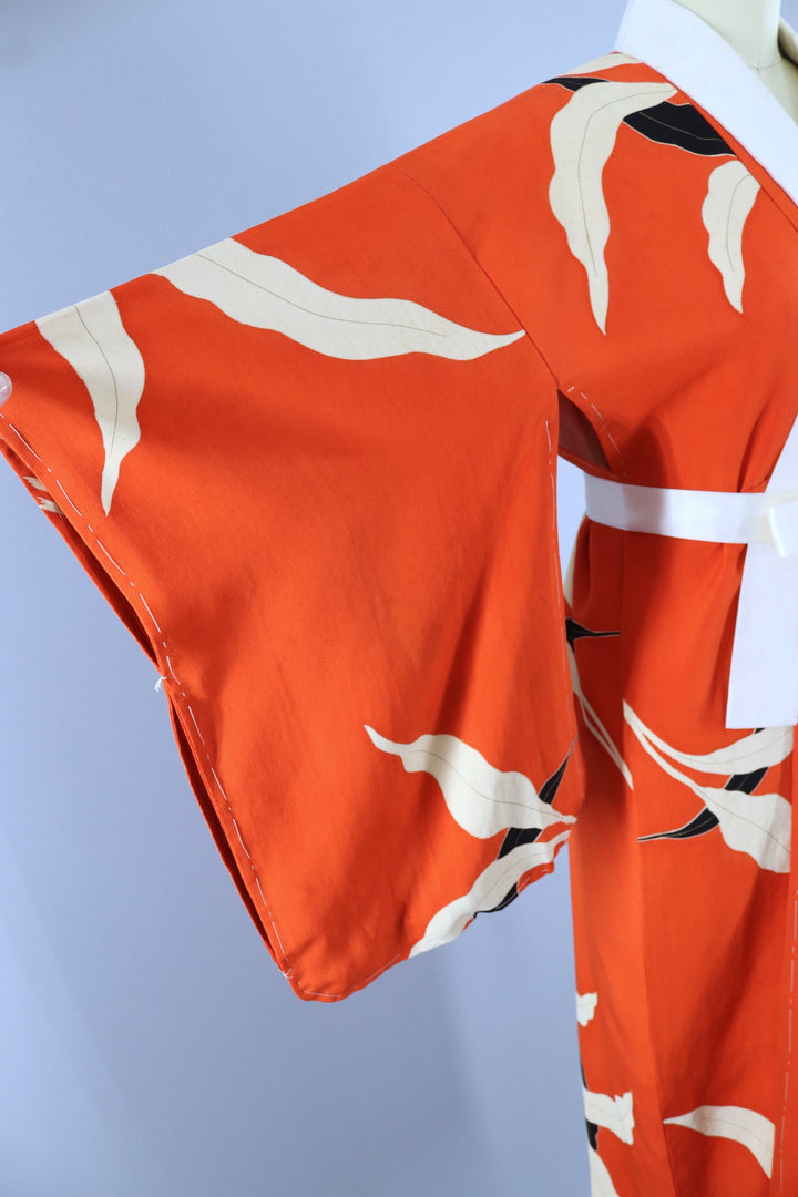 Vintage 1940s Silk Kimono Robe / Dark Orange Art Deco Leaves - ThisBlueBird