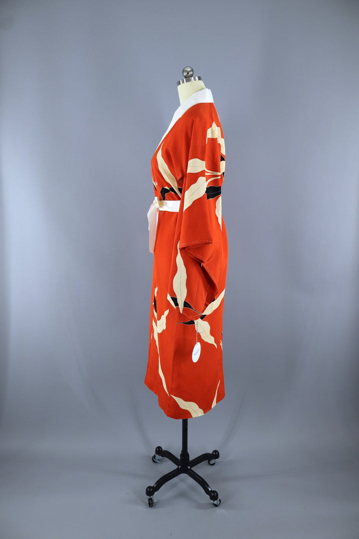 Vintage 1940s Silk Kimono Robe / Dark Orange Art Deco Leaves - ThisBlueBird
