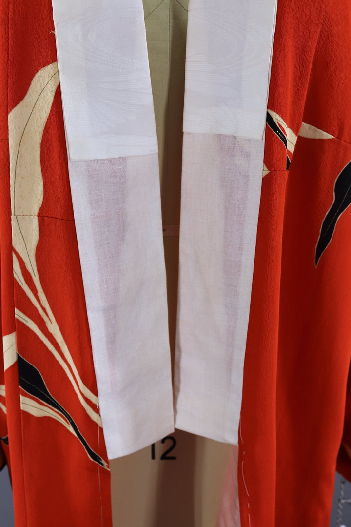 Vintage 1940s Silk Kimono Robe / Dark Orange Art Deco Leaves - ThisBlueBird