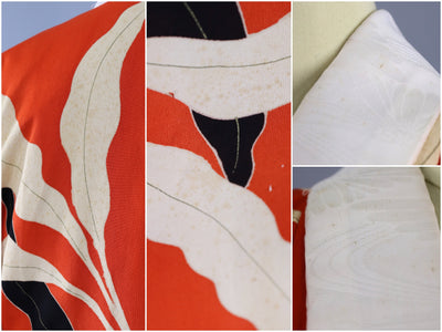 Vintage 1940s Silk Kimono Robe / Dark Orange Art Deco Leaves - ThisBlueBird