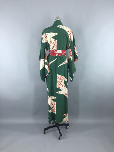 Vintage 1940s Silk Kimono Robe / Green Abstract Print - ThisBlueBird