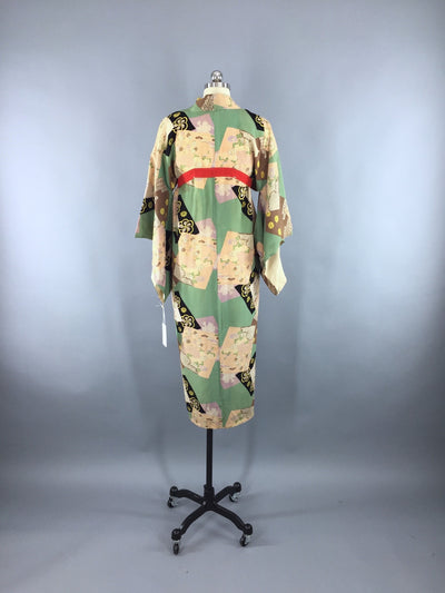 Vintage 1940s Silk Kimono Robe / Green Floral Print - ThisBlueBird