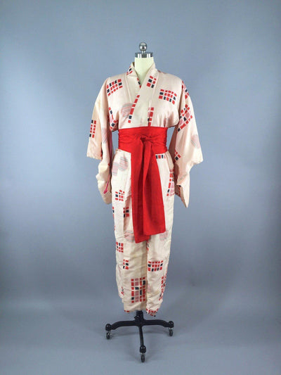 Vintage 1940s Silk Kimono Robe in Pink and Red Ikat - ThisBlueBird