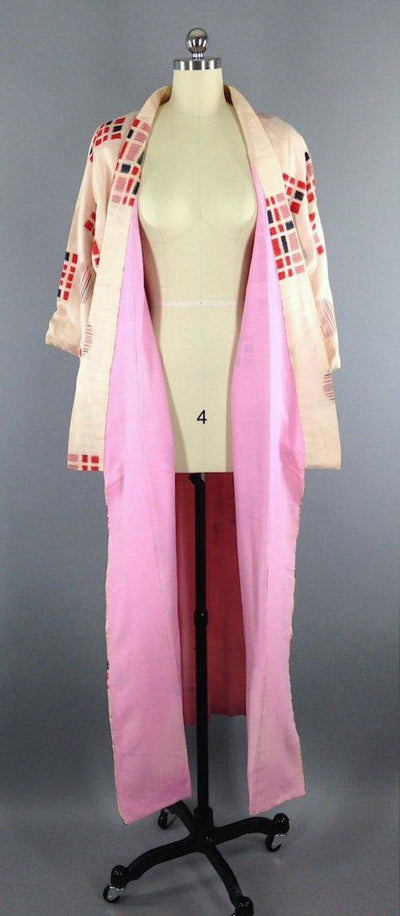 Vintage 1940s Silk Kimono Robe in Pink and Red Ikat - ThisBlueBird