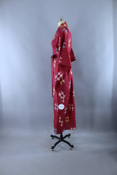Vintage 1940s Silk Kimono Robe / Maroon Red and Blue Hashtag - ThisBlueBird
