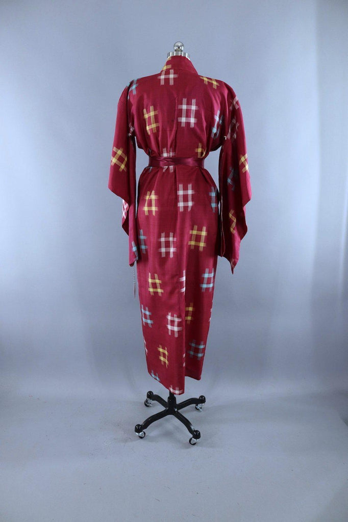 Vintage 1940s Silk Kimono Robe / Maroon Red and Blue Hashtag - ThisBlueBird