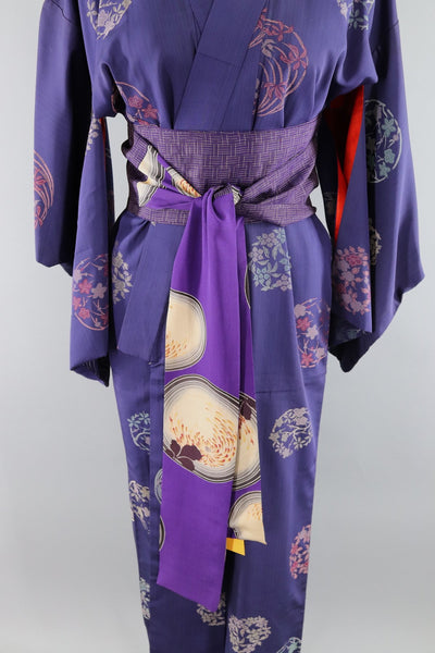 Vintage 1940s Silk Kimono Robe / Navy Blue Purple Floral - ThisBlueBird