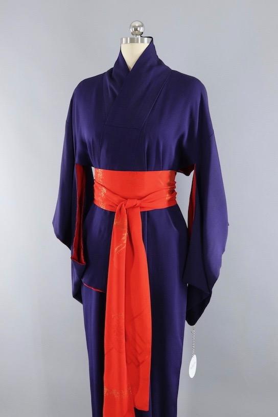 Vintage 1940s Silk Kimono Robe / Navy Blue - ThisBlueBird