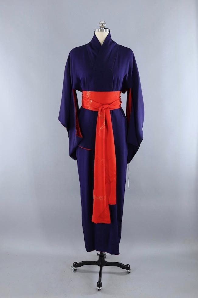 Vintage 1940s Silk Kimono Robe / Navy Blue - ThisBlueBird