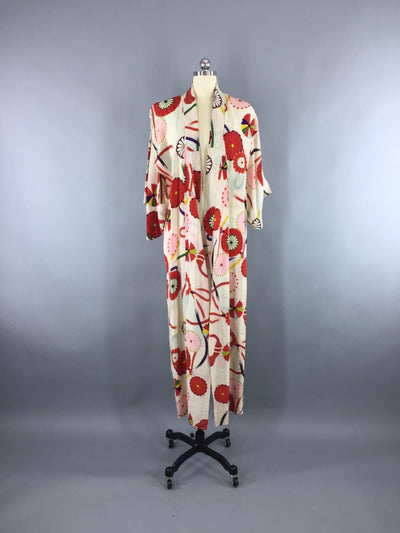 Vintage 1940s Silk Kimono Robe / Pink Red Zinnia Floral - ThisBlueBird