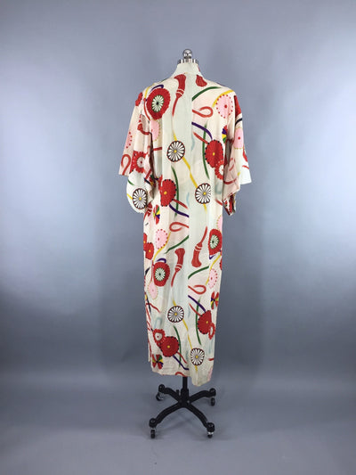 Vintage 1940s Silk Kimono Robe / Pink Red Zinnia Floral - ThisBlueBird