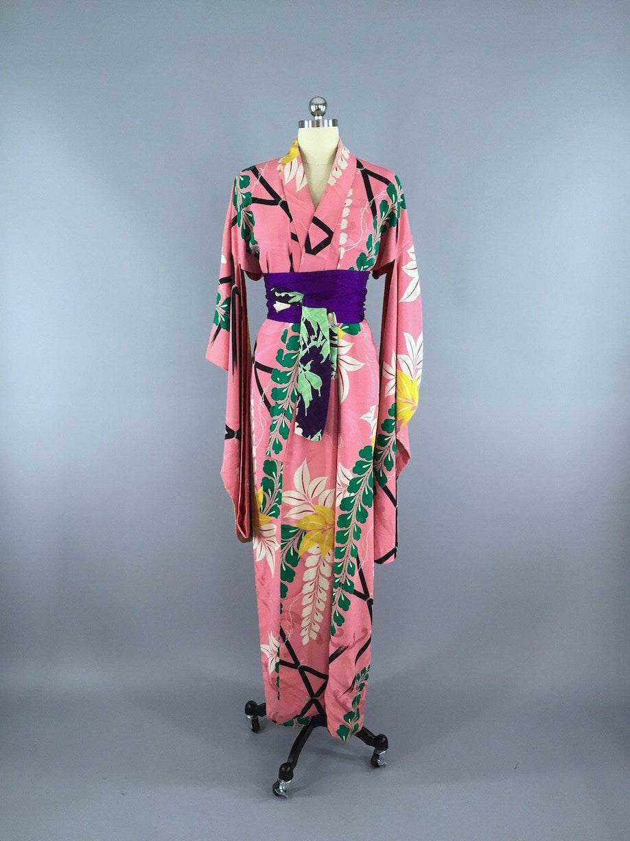 Vintage 1940s Silk Kimono Robe Pink Wisteria – ThisBlueBird