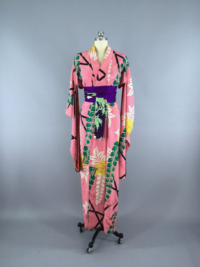 Vintage 1940s Silk Kimono Robe Pink Wisteria - ThisBlueBird