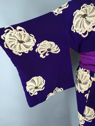 Vintage 1940s Silk Kimono Robe Purple Chrysanthemum - ThisBlueBird