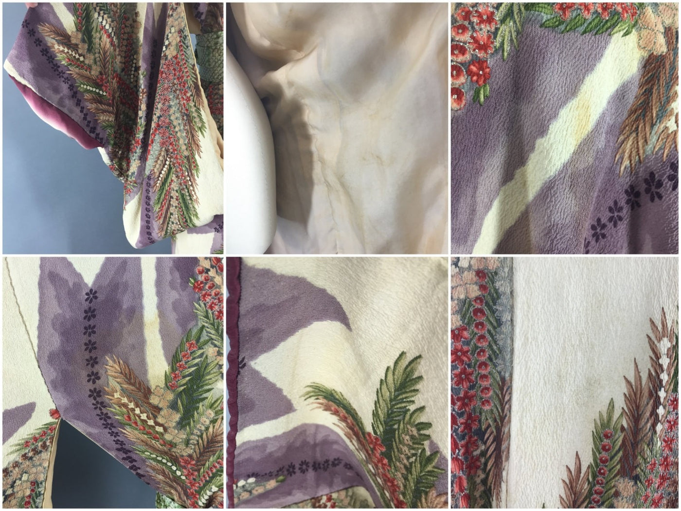 Vintage 1940s Silk Kimono Robe Purple Ferns Floral Print - ThisBlueBird