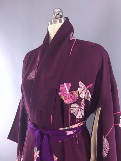 Vintage 1940s Silk Kimono Robe Purple Floral Print - ThisBlueBird