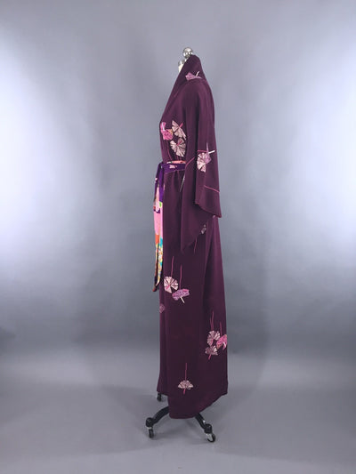 Vintage 1940s Silk Kimono Robe Purple Floral Print - ThisBlueBird