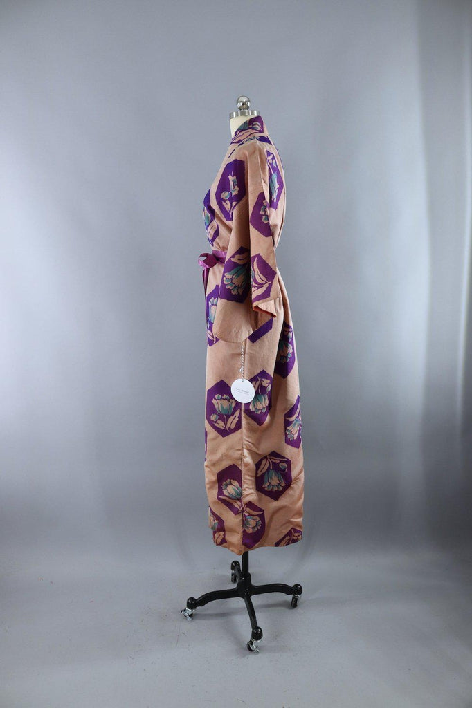 Vintage 1940s Silk Kimono Robe / Purple Floral - ThisBlueBird