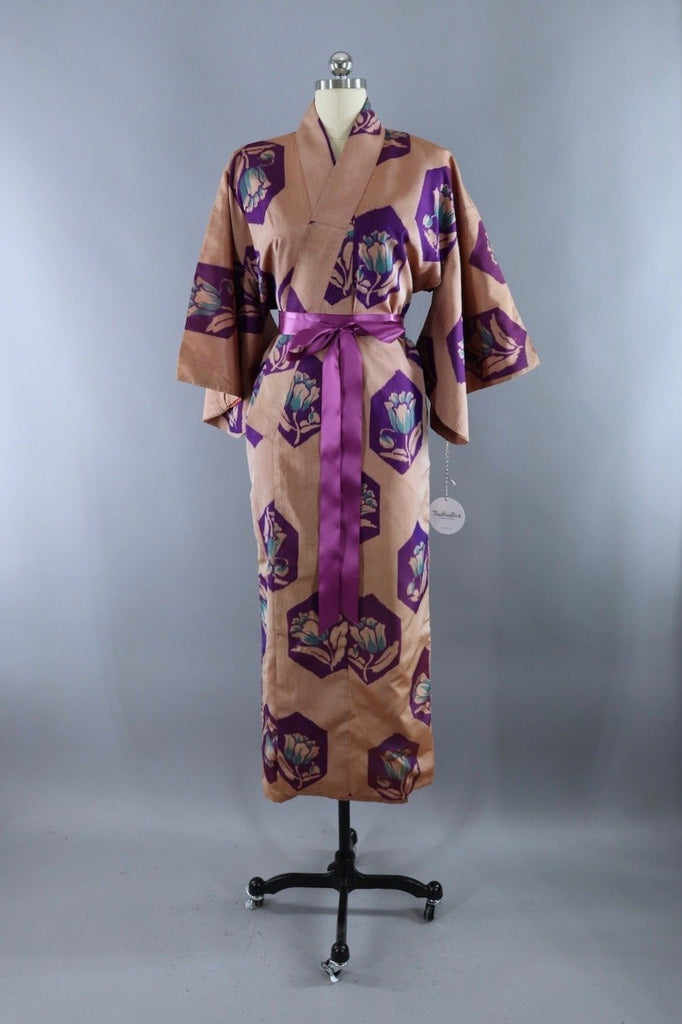 Vintage 1940s Silk Kimono Robe / Purple Floral - ThisBlueBird