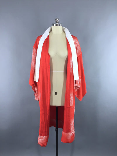 Vintage 1940s Silk Kimono Robe / Red Mimosa Floral Print - ThisBlueBird