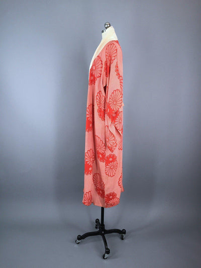 Vintage 1940s Silk Kimono Robe / Red Shibori Daisies - ThisBlueBird