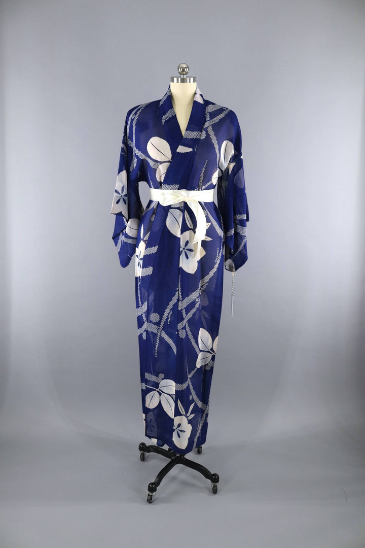 Vintage 1940s Silk Kimono Robe / Sheer Blue &amp; White Floral - ThisBlueBird