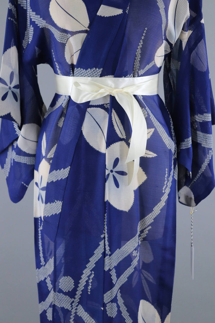 Vintage 1940s Silk Kimono Robe / Sheer Blue &amp; White Floral - ThisBlueBird