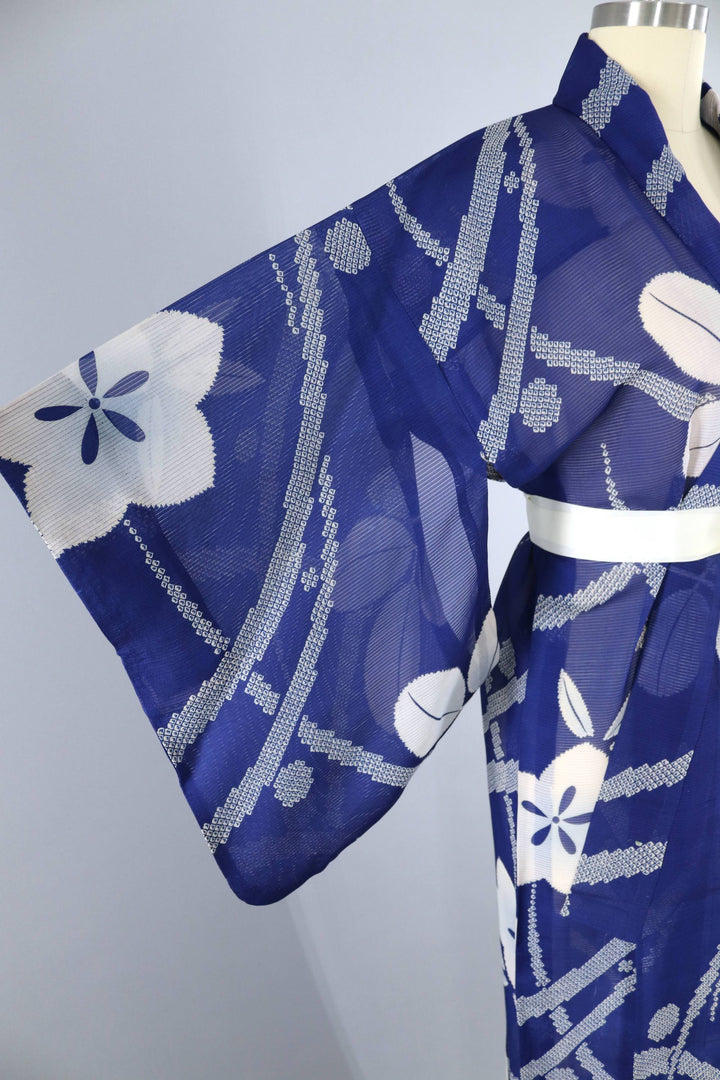 Vintage 1940s Silk Kimono Robe / Sheer Blue &amp; White Floral - ThisBlueBird
