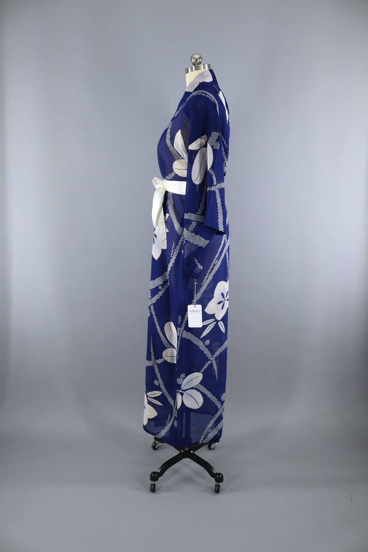 Vintage 1940s Silk Kimono Robe / Sheer Blue &amp; White Floral - ThisBlueBird