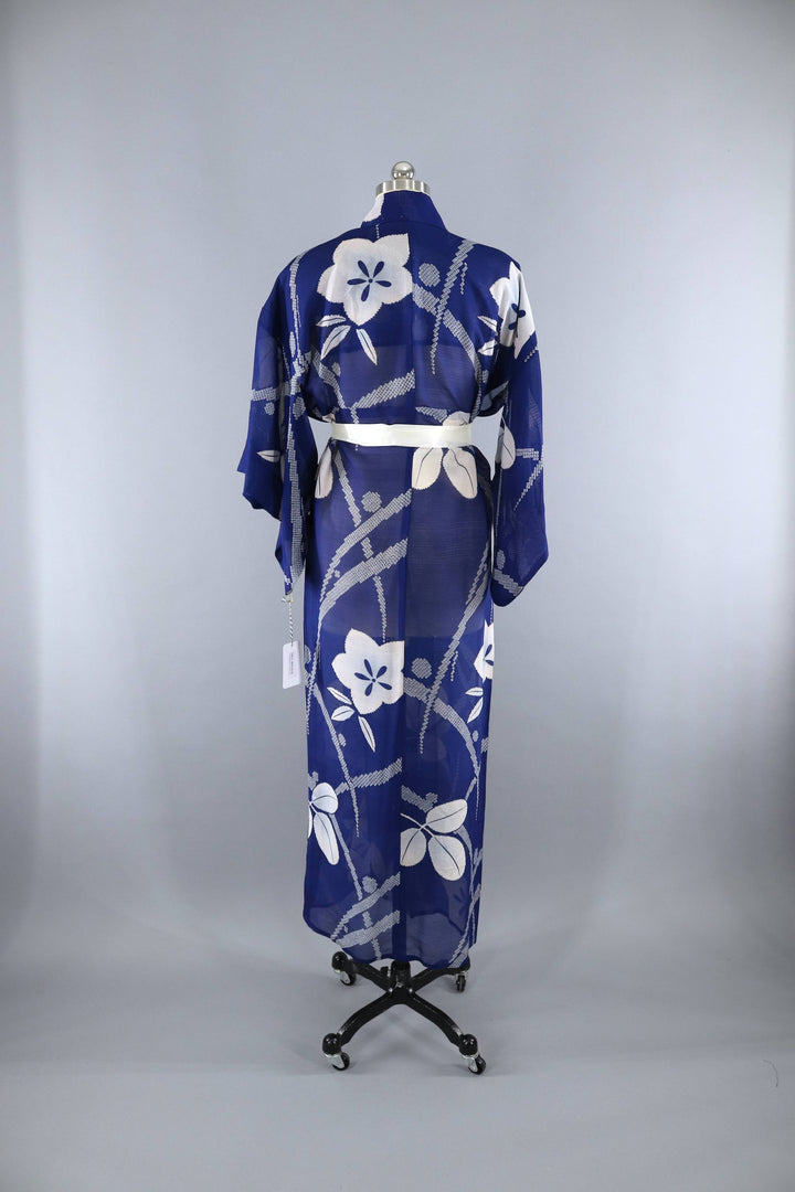 Vintage 1940s Silk Kimono Robe / Sheer Blue &amp; White Floral - ThisBlueBird