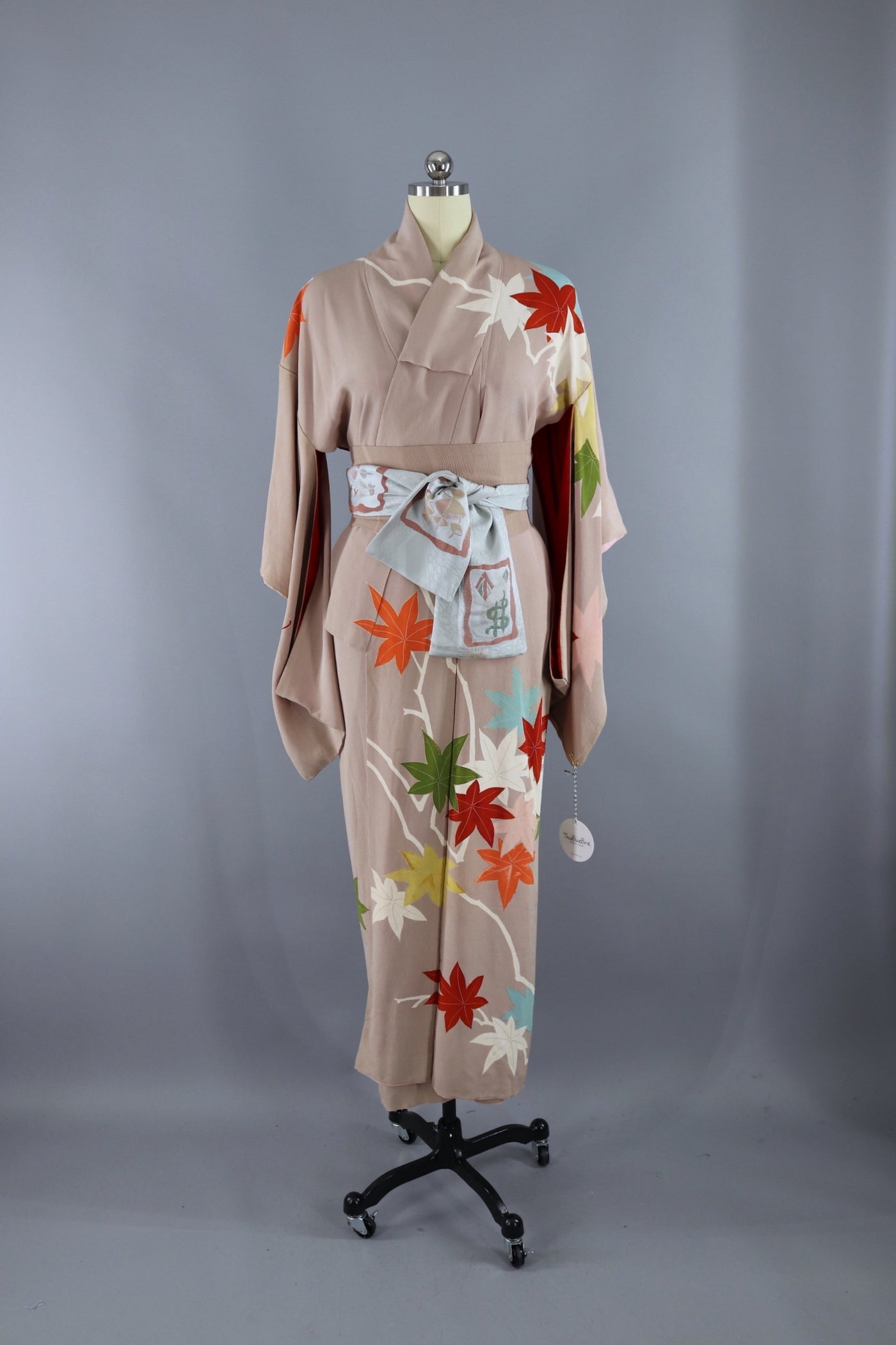 Vintage 1940s Silk Kimono Robe / Taupe Maple Leaves - ThisBlueBird