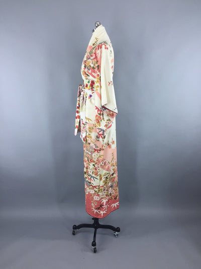 Vintage 1940s Silk Kimono Robe / White Ivory Floral Print - ThisBlueBird