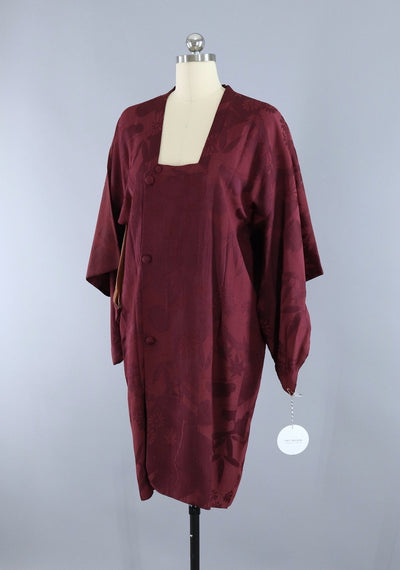 Vintage 1940s Silk Michiyuki Kimono Jacket Coat / Dark Maroon Red - ThisBlueBird