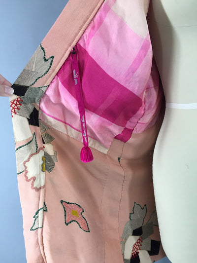 Vintage 1940s Vintage Haori Silk Kimono Jacket / Peach Pink Floral Print - ThisBlueBird