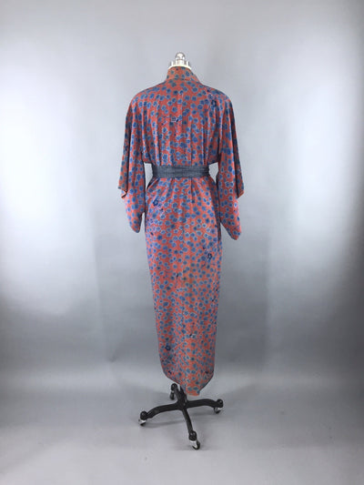 Vintage 1940s Vintage Silk Kimono Robe / Brown & Blue Floral Print - ThisBlueBird