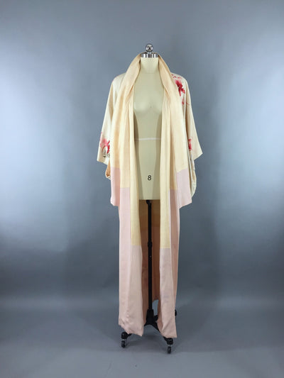 Vintage 1940s Vintage Silk Kimono Robe / Ivory & Red Floral Watercolor - ThisBlueBird
