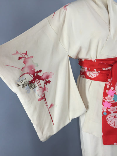 Vintage 1940s Vintage Silk Kimono Robe / Ivory & Red Floral Watercolor - ThisBlueBird