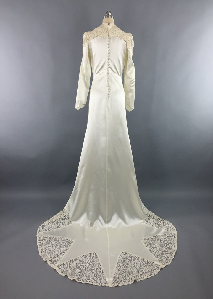 Vintage 1940s Wedding Dress / SATIN STAR / Ivory Satin &amp; Lace Bridal Gown - ThisBlueBird